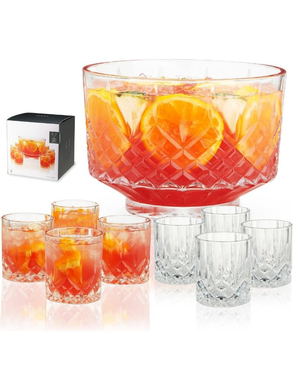 Elegant Punch Bowl Set with 8 Cut Crystal Tumblers, 2.5 Gallons, Dishwasher Safe